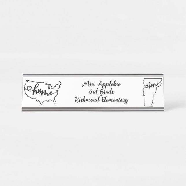 Custom Vermont State US Home Line Art Desk Name Plate (Front)