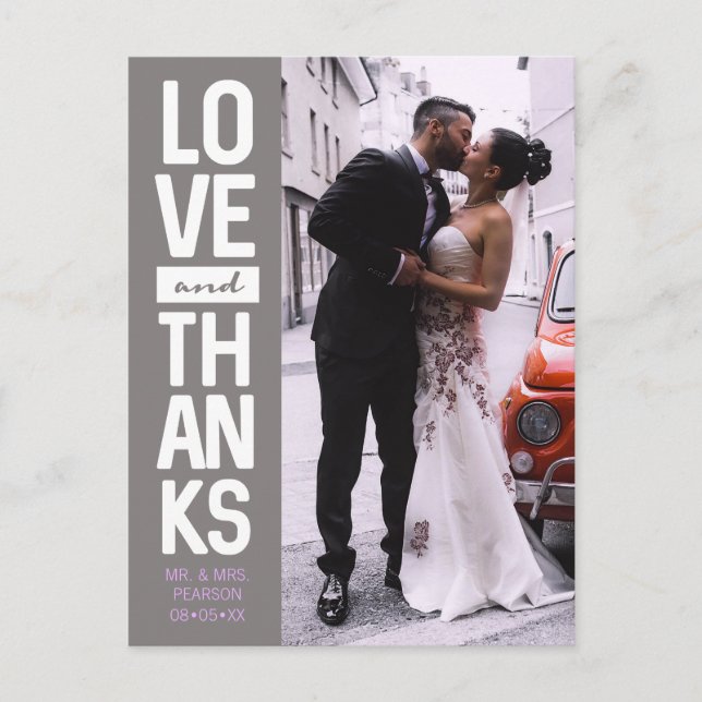 Custom Vertical Photo Wedding "love & thanks' Postcard (Front)