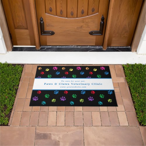 Custom Veterinary Clinic Colorful Paw Prints Black Doormat