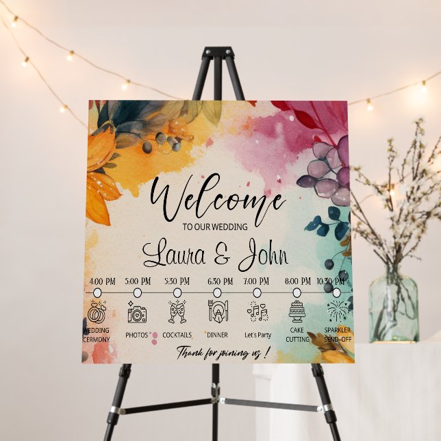 Custom Vibrant Floral Wedding Timeline Foam Board (In Situ (Stand))