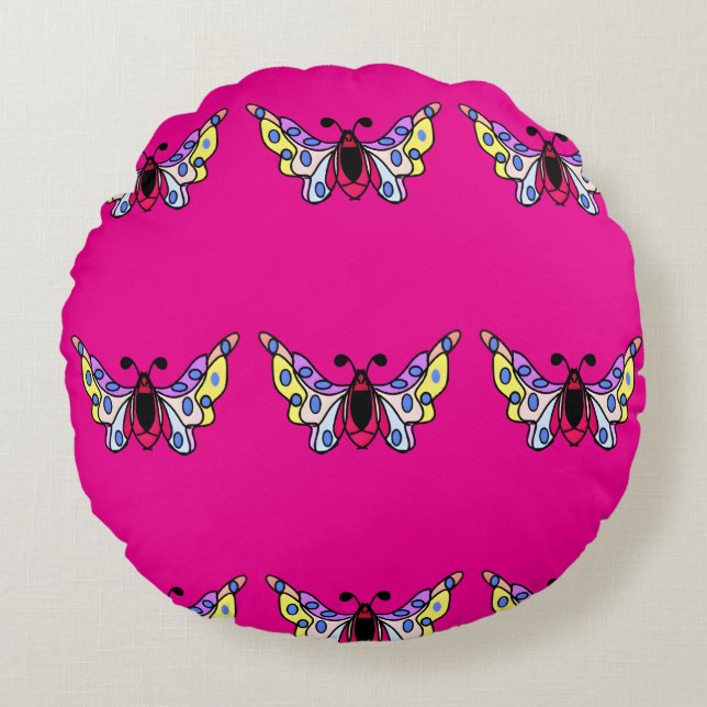Custom Vibrant Modern Folk Butterfly Art Round Pillow (Front)