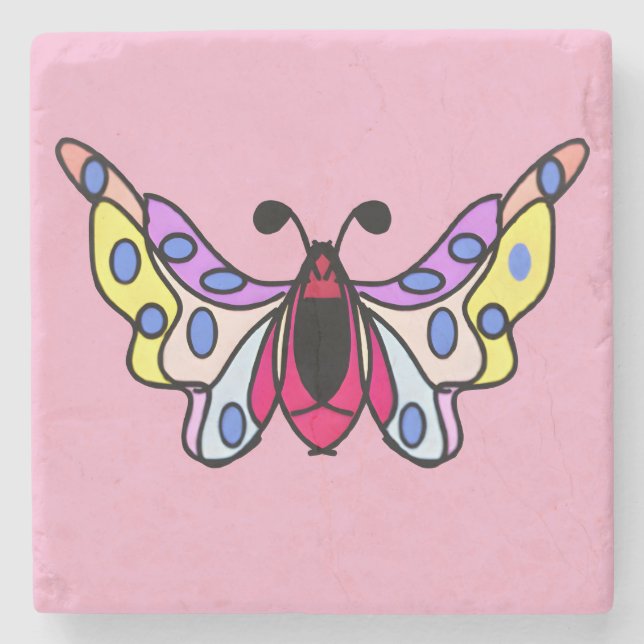 Custom Vibrant Modern Folk Butterfly Art Stone Coaster (Front)