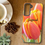 Custom Vibrant Orange Tulip Flowers Photo  Samsung Galaxy S21 Case<br><div class="desc">This close-up floral photo shares yellow edged orange tulips. Personalize the text, remove the text or edit using the design tool to select a font style, size and color you prefer. You can also add this design, where it fits appropriately, to one of the other phone case brands shown in...</div>