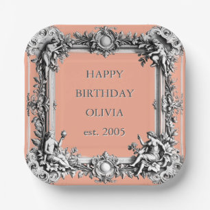 Custom Victorian Scroll Frame – clay pink coral Paper Plates
