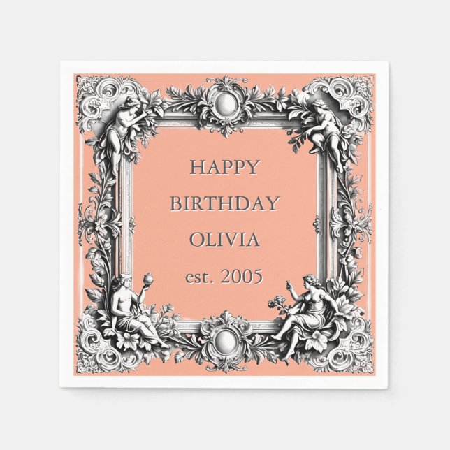 Custom Victorian Scroll Frame Napkin – clay pink (Front)