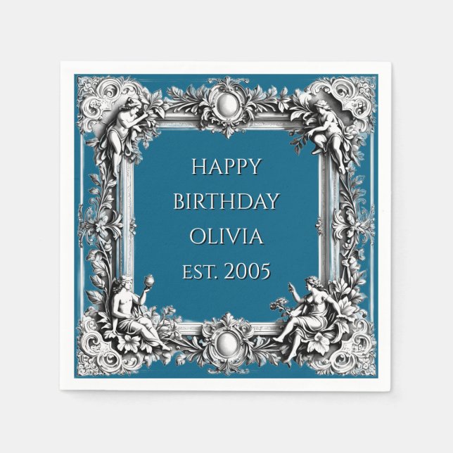 Custom Victorian Scroll Frame Napkin – dark blue (Front)