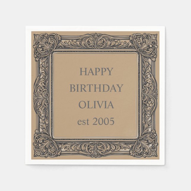 Custom Victorian Scroll Frame Napkin – mocha brown (Front)