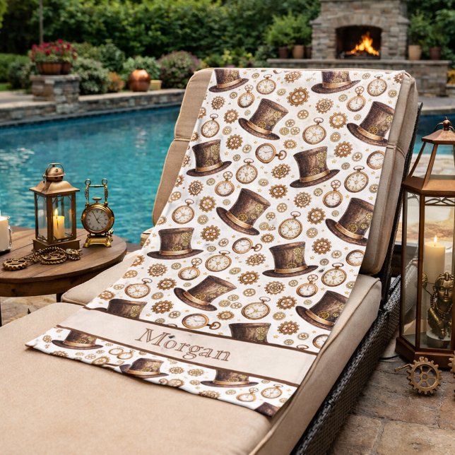 Custom Victorian Steampunk Hat and Clockwork Name Beach Towel (Creator Uploaded)