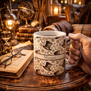 Custom Victorian Steampunk Hat and Clockwork Name Coffee Mug