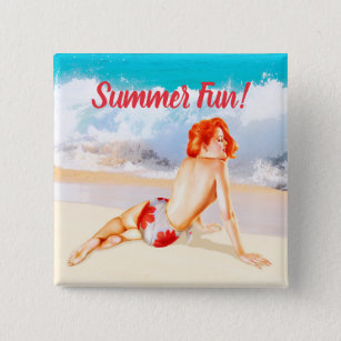 Custom, vintage and retro 1950s beach pin-up girl, button