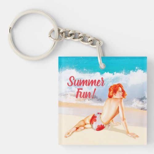 Custom vintage and retro 1950s beach pin_up girl keychain