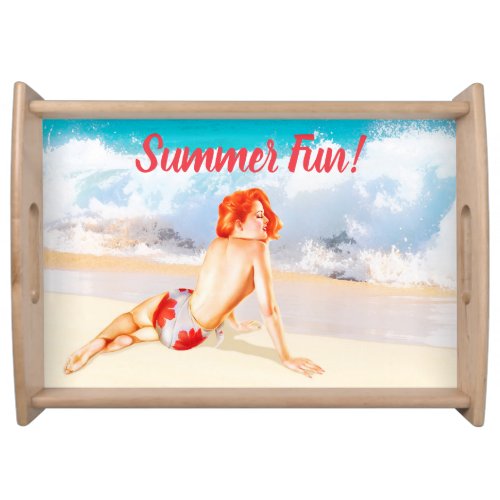 Custom vintage and retro 1950s beach pin_up girl serving tray