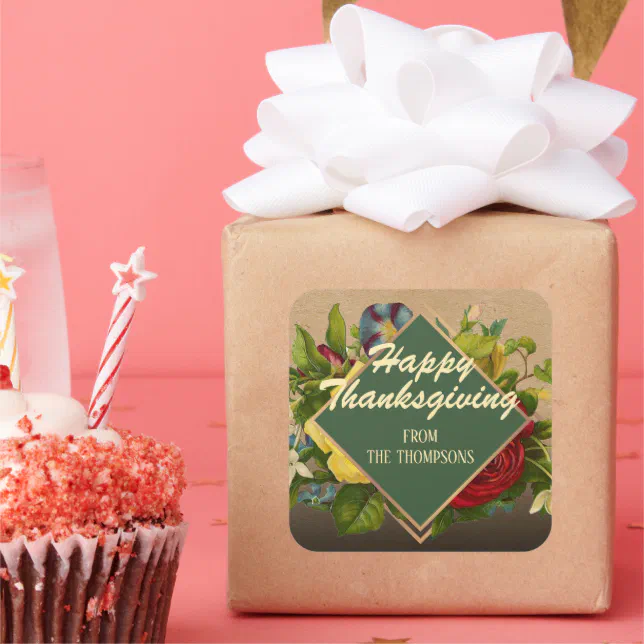 Custom Vintage Antique Floral Happy Thanksgiving Square Sticker | Zazzle