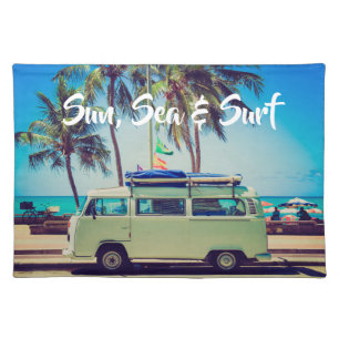 Custom, vintage beach camper bus and palm trees: cloth placemat