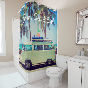 Custom, vintage beach camper bus and palm trees: shower curtain