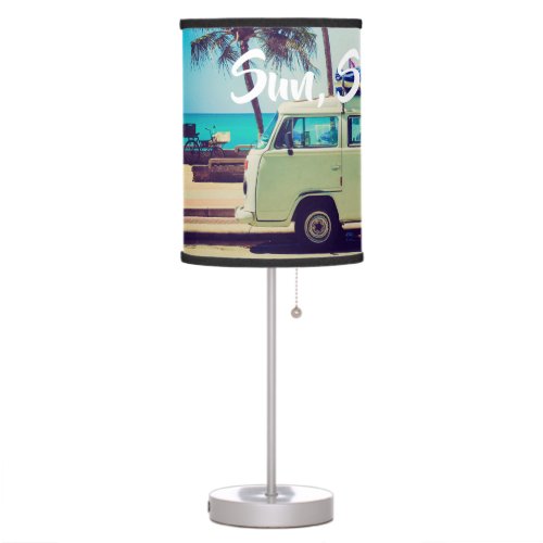 Custom vintage beach camper bus and palm trees table lamp