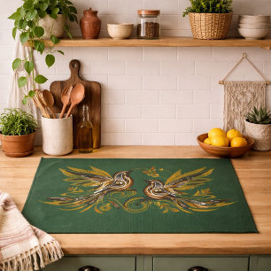 Custom Vintage Bird Floral Green Kitchen Towel