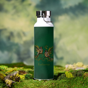Custom Vintage Bird Floral Green Water Bottle