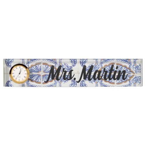 Custom Vintage Blue Portuguese Tile Clock Desk Name Plate