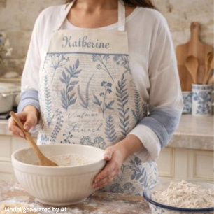 Custom Vintage Blue Wildflower French Toile Apron