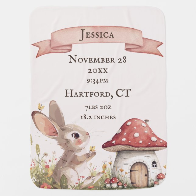 Custom Vintage Bunny Birth Stats Baby Blanket (Front)