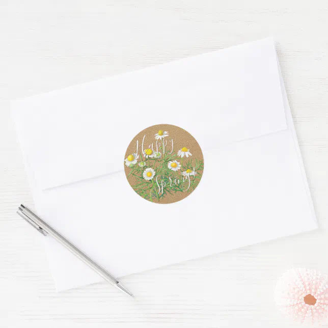 Jute Sticker Custom Vintage Chamomile Flowers Faux Jute Burlap Classic Round Sticker ...