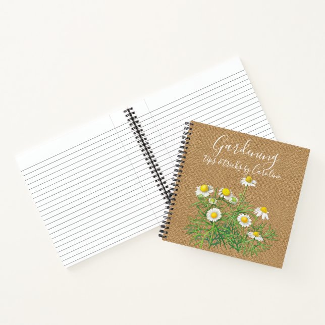 Custom Vintage Chamomile Flowers Faux Jute Burlap Notebook (Inside)