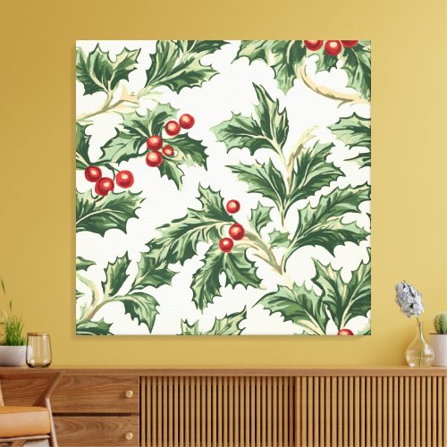 Custom Vintage Christmas Holly &amp; Berries Pattern Canvas Print