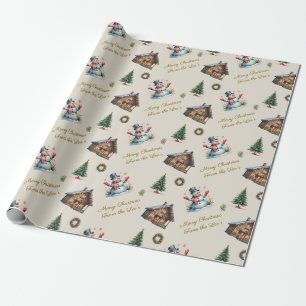Custom Vintage Christmas Snowman Cabin Wreath Wrapping Paper