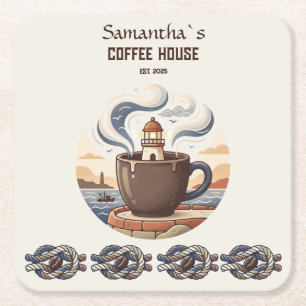 Custom Vintage Coastal Cafe Merch Square Paper Coaster