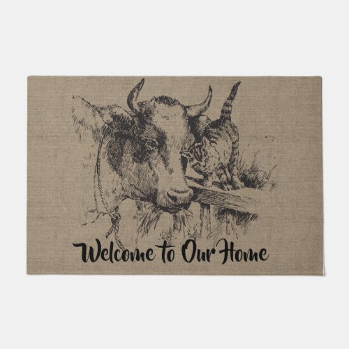 Custom Vintage Cow and Cat _ Country Farm and Pets Doormat
