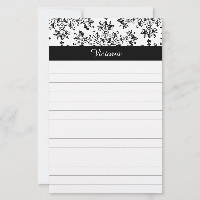 Custom Vintage Damask Floral Art Lined Stationery (Front)