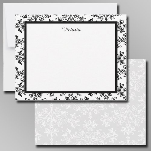 Custom Vintage Damask Pattern Black White 425x55 Note Card