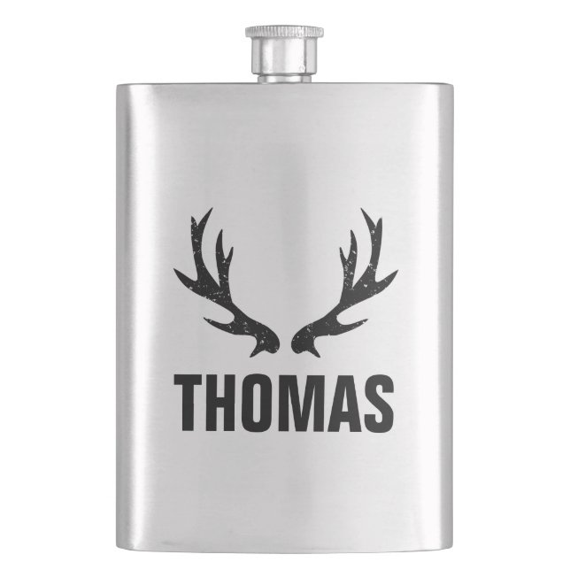 Custom vintage deer antlers stainless steel flask (Front)