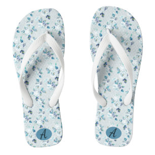 Custom Vintage Dusty Blue Floral Pattern Monogram Flip Flops