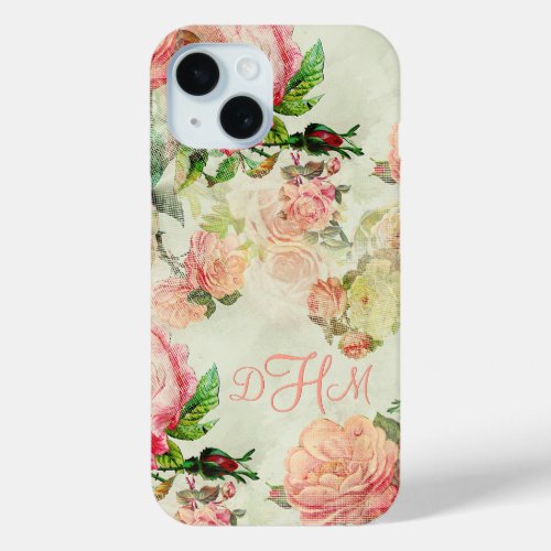 Custom Vintage Dusty Pink Floral Roses Pattern iPhone 15 Case