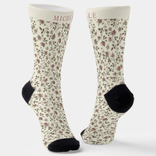 Custom Vintage Fabric Grey Floral Purple Flowers Socks
