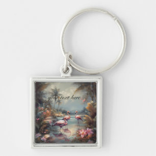 Custom Vintage Flamingo Tropical Lagoon Art Keychain