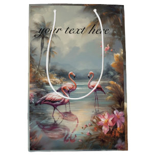 Custom Vintage Flamingo Tropical Lagoon Art Medium Gift Bag