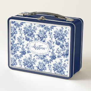Custom Vintage Floral Navy Blue Toile Monogram Metal Lunch Box