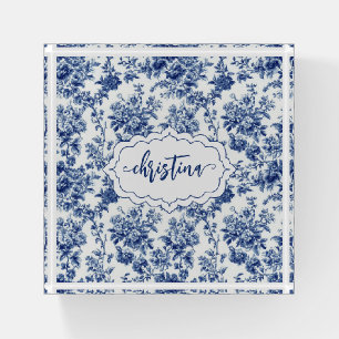 Custom Vintage Floral Navy Blue Toile Monogram Paperweight
