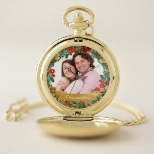 Custom Vintage Floral Photo Wreath Pocket Watch