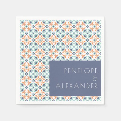 Custom Vintage Geometric Blue and Orange Wedding  Napkins