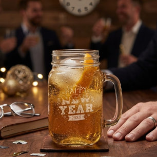 Custom Vintage Happy New Year Eve Design Unique Mason Jar W/ Handle