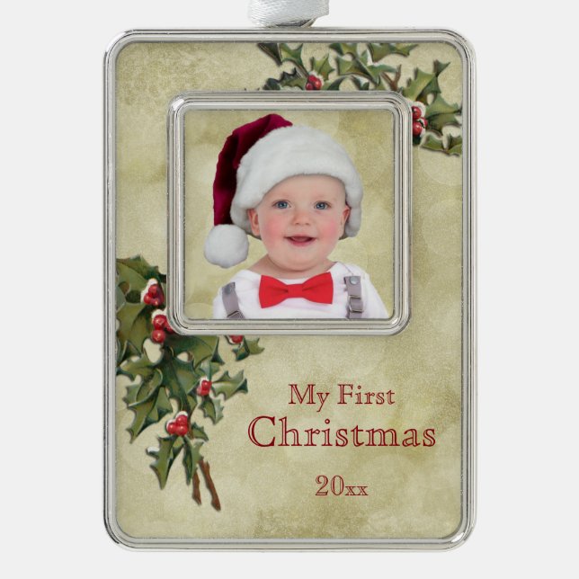 Custom Vintage Holly First Christmas Ornament (Front)