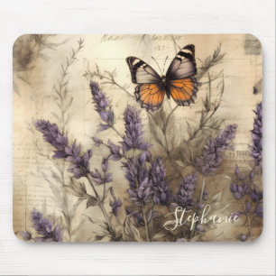 Custom Vintage Lavender Butterfly Illustration Mouse Pad