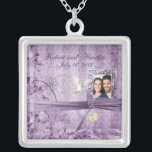 Custom Vintage Lavender Floral Photo Wedding Gift Silver Plated Necklace<br><div class="desc">Personalized Vintage Lavender/Purple Floral Photo Wedding Necklace-This beautiful silver necklace features a lavender/purple  floral vintage background with a white dove hovering next to a photo of the bride and groom. Great bridal gift idea for every member of the wedding party!</div>