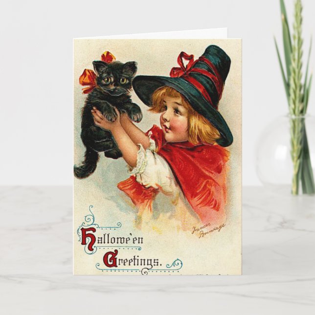 Custom Vintage Little Witch and Black Cat Card (Front)