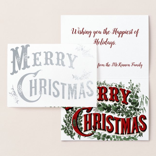 Custom Vintage Merry Christmas with Holly Leaves Foil Card (Display)