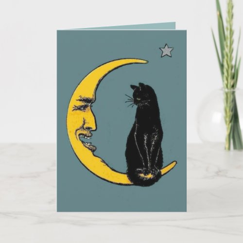 Custom Vintage Moon  Black Cat Halloween Birthday Card